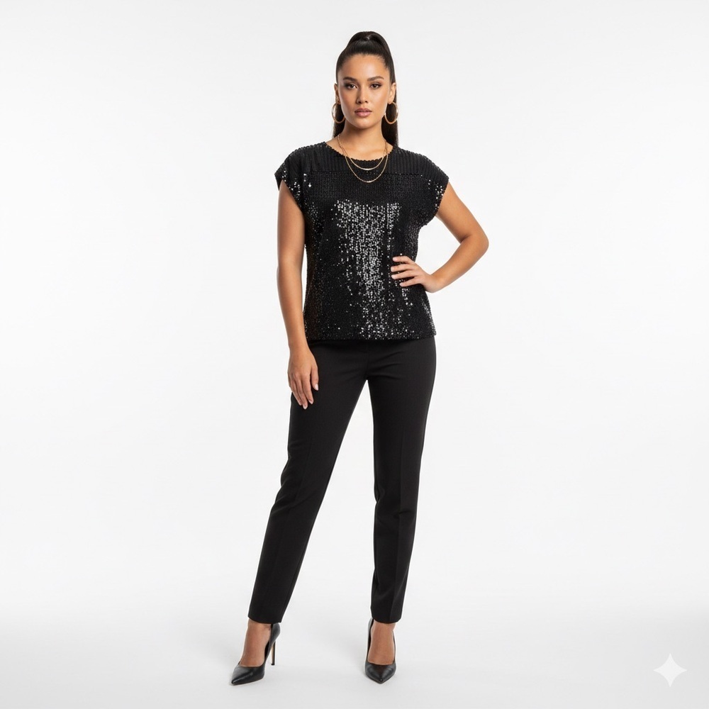 Cable & Gauge Sequined Cap Sleeve Glam Indie Festive Top SMALL Jet Black